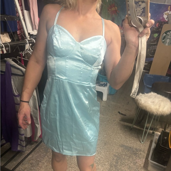 Wild Fable Light Blue Silky Mini Dress with Lace Up Back - Picture 7 of 8